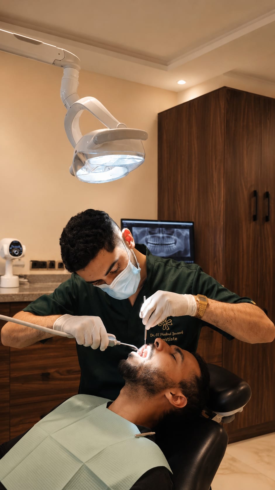 Radiographie panoramique affichée à l'écran pendant un soin